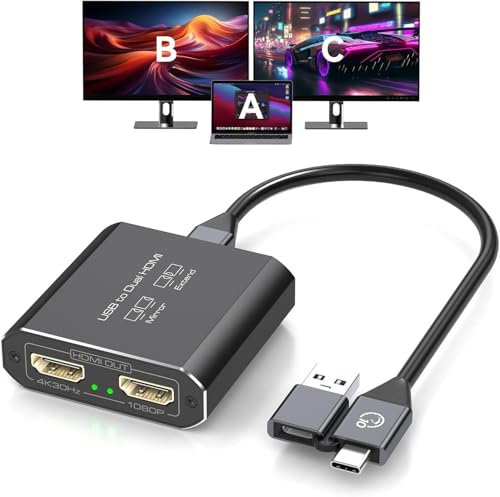JCYMELE HDMI Splitter Extended Display for Dual Monitor USB A & C to 2 HDMI Adapter 1 in 2 Out for Laptop Mac Triple Set Support MST & SST Modes