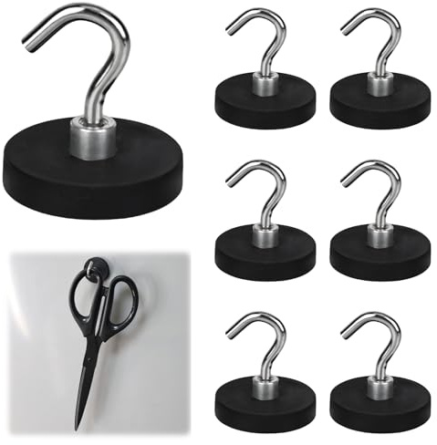 YYTECH Magnethaken Schwarz 6 Stück 43mm Starke Magnete mit Haken Stanzfrei Extra Stark 10kg Magnethalter Gummiert Magnethake für Kreuzfahrt Eisentüren Kühlschränke Küchen Kleiderablage Badezimmer