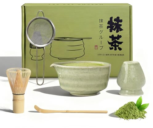 Matcha Set Whisk and Bowl Kit, Matcha Bowl Tea Set Gift Includes and Bowls with Pouring Spout, Bamboo Spoon, Sifter, Bamboo Whisk and Broom Holder, Japanese Tea Ceremony for Beginners and Enthusiasts