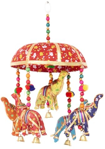 GURU SHOP Original Indisches Elefanten Mobile mit Glöckchen - rot