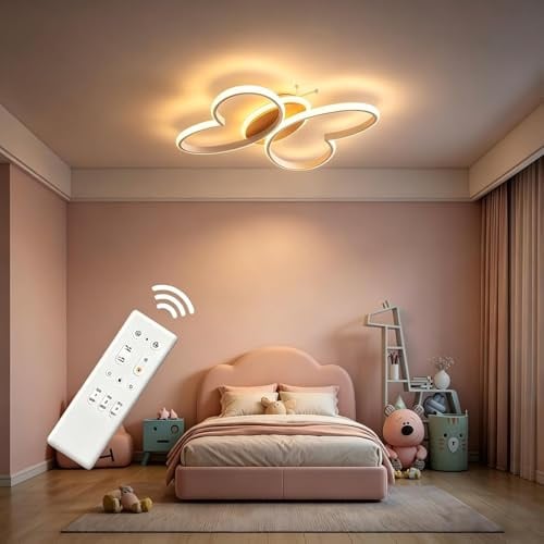 Dythwron Kinderzimmer Lampe Decke, 58cm Kinderzimmerlampe Mädchen, 58W LED Deckenlampe Kinderzimmer mit Fernbedienung mit Nachtlichtfunktion, Schmetterling Deckenleuchte (Weiß)