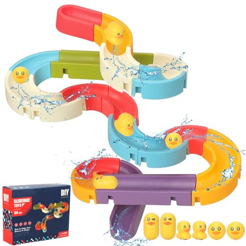Withosent 34 Piezas Juguetes Bañera Bebe, DIY Juguete Tobogán para Baño con Fuertes ventosas, Bañera de Pared Juguetes para Niños y Niñas