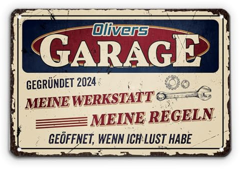 Geschenke Mall Türschild Personalisiert - Garage Meine Werkstatt Meine Regeln - Metallschild personalisiert, Papas werkstatt schild, Schild selbst gestalten, Automechaniker geschenk (Modell #1)