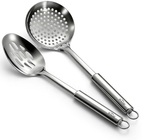 Berglander Kitchen Skimmer Slotted Spoons for Straining 2 pcs 13, Stainless Steel Kitchen Spider Strainer Ladle Spoon for Straining Pasta/Cooking/Frying/Noodle, Metal Kitchen Utensils Pasta Spoon