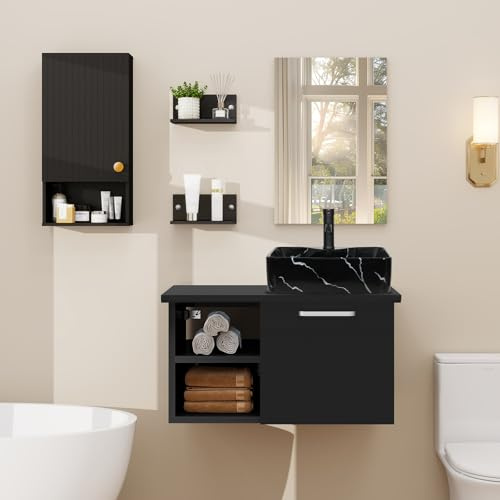 ZealWe Badmöbel Set (Waschbecken mit Unterschrank Spiegel Hängeschrank), Waschbeckenunterschrank 71cm Waschtish, Wandschrank Hängend mit Verstellbaren Ablagen, Wasserhahn Set, Schwarz