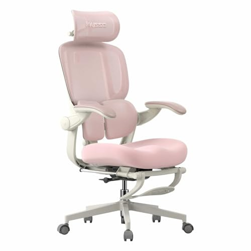 MUSSO E80 Air Petite Bürostuhl mit Bio-Wing-Lendenstütze, Rosa | 3D-Bio-Wing-Lendenstütze, 4D-Kopfstütze, 90° Klapparme, Fußstütze, 135° Neigung, Mesh
