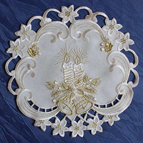 Anka Textil Weihnachts-Tischdecke Tischläufer Mitteldecke Tisch-Deckchen mit Weihnachtskerzen Motiven Stickerei Weihnachtsdeko Creme-Gold Größenwahl (30cm Rund)