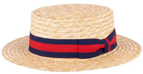 ZAKIRA Chapeau de Canotier en Paille Fait à la Main (Bande Bleu Marine - Rouge, M)