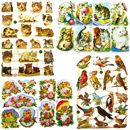 Glanzbilder Katzen und Vögel Motiv Set aus 4 verschiedenen Oblaten Papierbögen zum Basteln und Verzieren