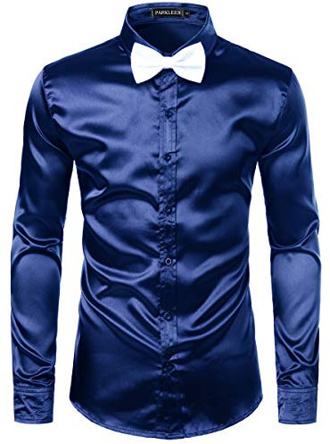 PARKLEES Men's Luxury Shiny Silk Like Satin Long Sleeve Dress Shirts for Party Disco Prom PZLCL14 Navy M