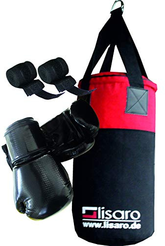 Lisaro Ungdom/barn boxpåse set (boxväska boxningshandske boxbandage) ca 9_kg lådor ca 60 x 25 cm, färg svart röd