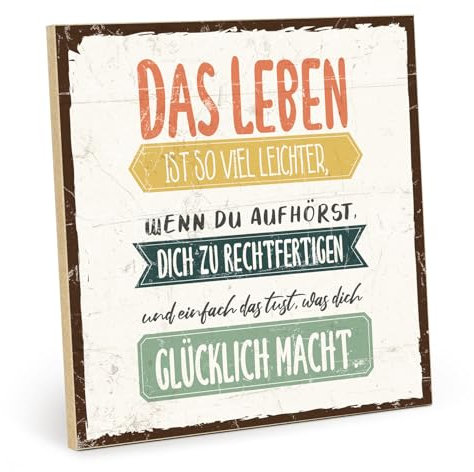TypeStoff Holzschild mit Spruch – glücklich – im Vintage-Look mit Zitat als Geschenk und Dekoration zum Thema Glück und Leben - HS-00738