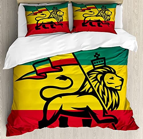 ABAKUHAUS Rasta Bettbezug Set für Einzelbetten, Judah Lion Rastafari Flagge, Milbensicher Allergiker geeignet mit Kissenbezug, 230 x 220 cm - 70 x 50 cm, Gelb Schwarz