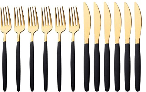 Buyer Star Juego de 12 cuchillos y tenedores para carne de oro negro para 6 personas, juego de cubiertos de acero inoxidable, duradero, apto para lavavajillas