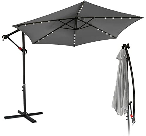 Lospitch Sonnenschirm mit LED Solar, Alu Ampelschirm mit Kurbelvorrichtung, Sonnenschirm UV-Schutz & Wasserabweisende, Gartenschirm