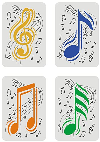 FINGERINSPIRE Set di 4 stencil per note musicali, 29,7 x 21 cm, 4 stili, riutilizzabili, per arte fai da te, musica, note musicali, melodie, stencil per pittura su legno, pavimento, mobili