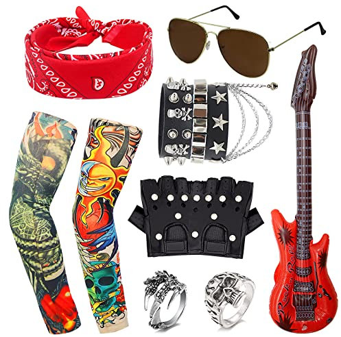 HEAWAA 11Pcs Rock Accessoires, 60er/70er/80er Jahre Kostümzubehör mit Fake Tattoos Ärmel Kapuzen Handschuhe Armbänder Ringe Aufblasbare Gitarren Sonnenbrille für Karneval Fasching Party
