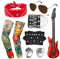 HEAWAA 11Pcs Rock Accessoires, 60er/70er/80er Jahre Kostümzubehör mit Fake Tattoos Ärmel Kapuzen Handschuhe Armbänder Ringe Aufblasbare Gitarren Sonnenbrille für Karneval Fasching Party