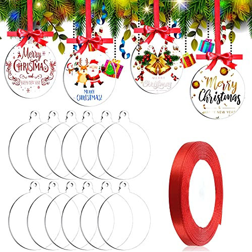 12 Pcs Christmas Acrylic Baubles Blanks, Clear Round Acrylic Hanging Christmas Tree Decoration Ornament Bauble DIY Crafts with Red Ribbon