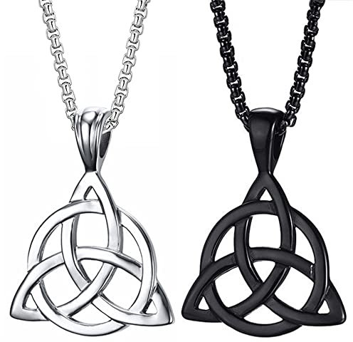 Weenkeey 2 Stück Irischer Trinity Triquetra Halskette Keltischer Knoten Anhänger Halskette Gothic Punk Rock Hip Hop Anhänger Halskette für Männer Damen - Schwarz Silber