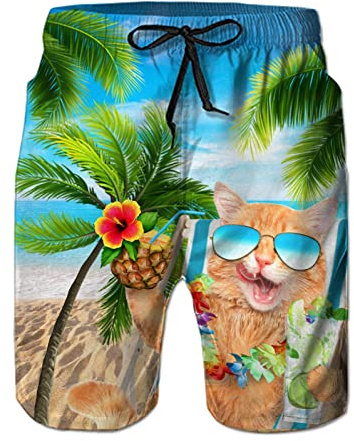 Fanient Badehose Herren Teenager Badeshorts Männer Lustige Hawaii Katzen Schwimmhose Boardshorts für Männer Herren Sporthose kurz XL