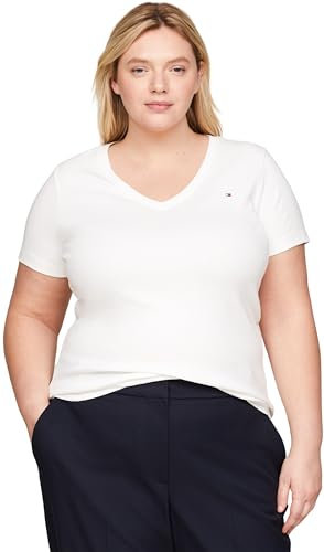 Tommy Hilfiger Camiseta de Manga Corta para Mujer Slim Cody con Cuello de Pico, Blanco (Ecru), 48