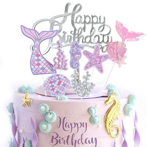 Torytoe Meerjungfrau Tortendeko Geburtstag Mädchen, Glitzer Meerjungfrau Torten Deko Ocean Theme Topper Kuchen Deko Meerjungfrau für Mädchen Party Geburtstag Party Kuchen Dekoration Supplies