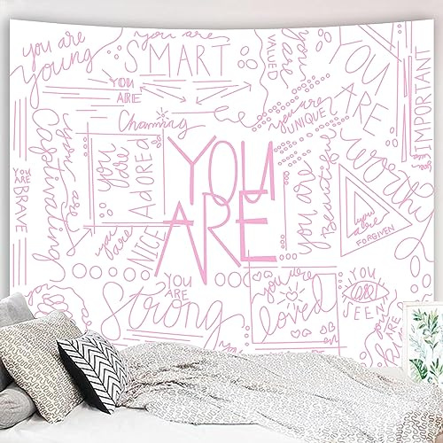 Miytal Zitat You are Wandteppich, inspirierender Wandkunst, positiver Spruch, Wandbehang, weißer Wandteppich für Teenager, Mädchen, Schlafzimmer, Schlafsaal – 130 x 150 cm – Weiß Rosa