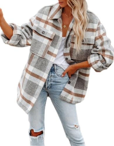 LEKOPUR Chemises à carreaux en flanelle pour femme - Manches longues - Chemise à carreaux - Chemisier décontracté - Cardigan d'automne et d'hiver, gris, XL