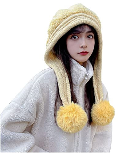 AMhomely Fleece-gefütterte Beanie-Mütze für Damen, Wintermütze mit Ohrenklappen, Winter, warme Strickmütze, Ohrenschutz, niedlicher langer Bommel, Thermo-Schädelmützen, lässig, Grobstrickmützen, 01