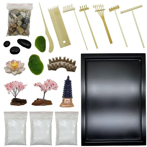 Woohome Zen Garden Kit 28 x 20cm (11x8 inch) Japanese Zen Garden Kit With 7 Handmade Bamboo Tools for DIY Mini Rock Garden Meditation Ornaments Landscape Sand Table Resin Decoration