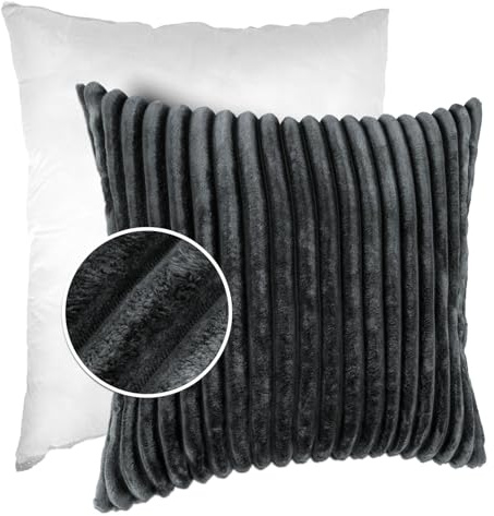 Dekokissen Kissenbezug Sofakissen Pillow Plüsch Kuschelkissen Zierkissen Cord Kissen Couchkissen Kord Kissenhülle ultraweich gestreift Lilli 60x60cm mit Füllung Grau