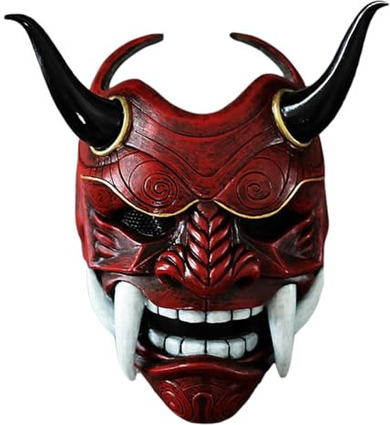 Hannya Japanische Oni-Maske aus Latex - Ghost Vollgesicht mit Reißzähnen und Hörnern - Samurai Warrior Cosplay Maske für Halloween Party, Red