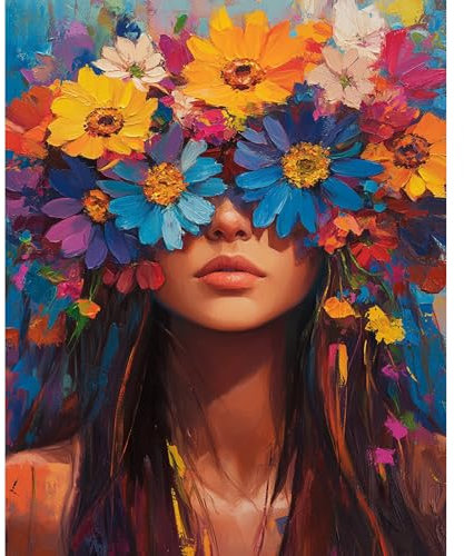 DAERLE Peinture par numéros pour adultes Femme avec une fleur, Peinture à l'huile à la main débutants Fleurs colorées, Peinture par Numéros pour la Décoration de la Maison 30x40cm, Sans Cadre