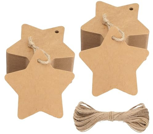 100 Stück Geschenkanhänger Weihnachten, Stern Kraftpapier Etiketten Weihnachtsanhänger, Braun Anhänger Weihnachten mit Jute-Schnur, Anhänger Weihnachten Klein für Dekoration