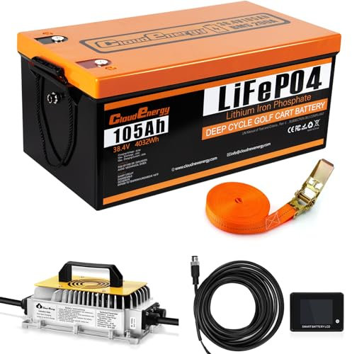 Cloudenergy 36V (38,4V) 105Ah LiFePO4 lithium-ion batterie pour chariot de golf, 200A Bluetooth BMS, avec chargeur 20A, écran tactile, 6000+ cycles, pour chariots de golf et moteurs de pêche