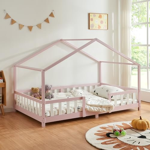 [en.casa] Kinderbett Treviolo Hausbett 140 x 200 cm Holzbett für Kinder mit Rausfallschutz Montessori Bettgestell mit Lattenrost Kiefernholz Rosa