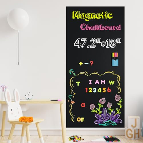 Magnetic Chalkboard Contact Paper for Wall, 47.2 x 18 Self-Adhesive Sheet with 79 Magnetic Letters & 12 Liquid Chalk Markers, Perfect for Kids’ Learning, Drawing and Home Organization