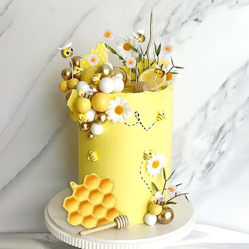 JeVenis Bee Cake Decorations Honey Comb Decorations Bee Cupcake Toppers | Abejitas Para Decoracion Daisy Flower Cake Topper for Baby Shower Birthday Bridal Shower