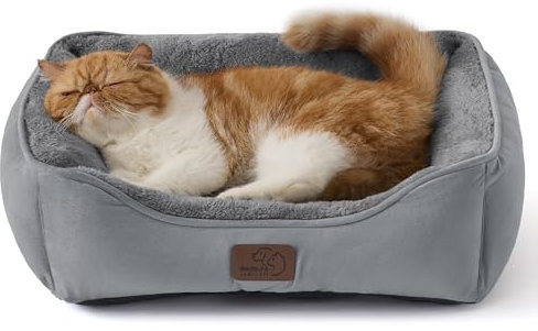 BEDSURE Katzenbett waschbar Katzen Bettchen- 51x41cm Katzenkorb Indoor mit Rutschfester Basis, quadratisches hundebett für kleine Hunde mit weich Rand, Grau
