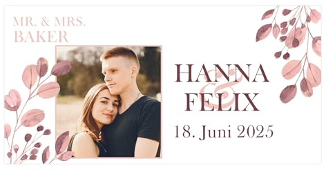 Herz & Heim® Personalisiertes Hochzeitsbanner mit Foto, Namen und Datum – Individuelle Hochzeitsdeko für Empfang oder Feier – Banner als Dekoration zur Hochzeit (Eukalyptus, Material Kunststoff)