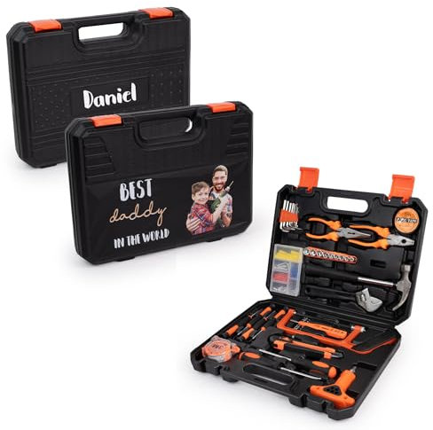 Wanapix | Personalisierter Werkzeugkoffer | Enthält 19 Werkzeuge | Sicherer Verschluss | Mit Foto und Text personalisieren | Schwarz M - 35 x 26,5 x 6cm |
