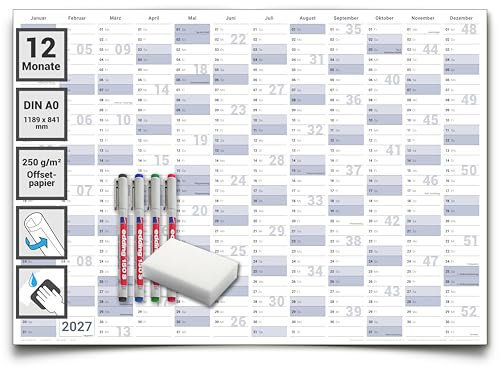 XXL Jahresplaner 2027 abwischbar – Wandkalender DIN A0 (118 x 84 cm) gerollt – inkl. 4 Stifte & Schwamm – Kalender Deutsch – Wandplaner Büro privat – von Gigatime
