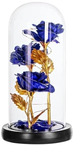 byepica Rose en verre bleu avec lumières LED, 21,6 cm de haut, dôme de rose éternelle avec feuilles dorées, cadeau à piles pour maman
