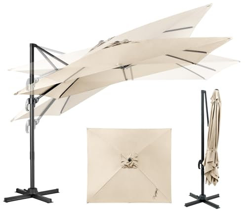 GOPLUS Parasol de Jardin Exterieur, Parasol Déporté 3x3M, avec Manivelle, 8 Baleines à Double Couche, Rotation à 360°, Anti-UV, Parasol Excentré Inclinable pour Balcon Terrasse, Beige