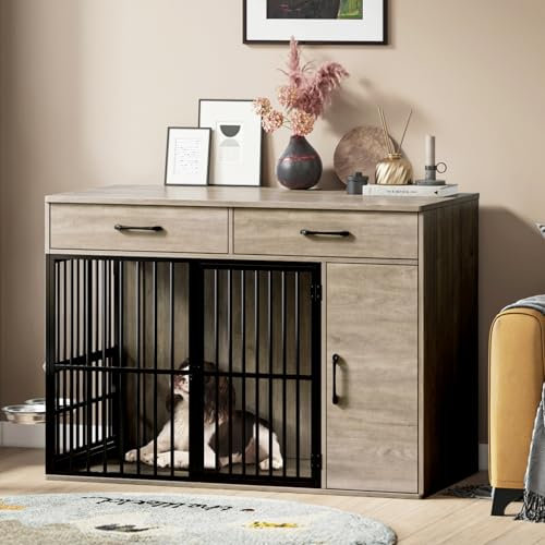Hello-5ive Dog Crate Furniture,Large Wooden Dog Crate with Drawers, Side Cabinet & 360°Rotating Bowls,Indoor Heavy Duty Dog Kennel with Double Doors,End Table Style, 120x60x86cm - Grey