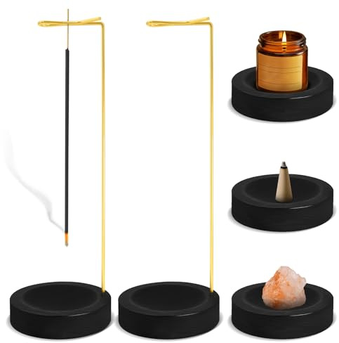 2 Stück Räucherstäbchen Halter, Handgefertigte Holzhalter mit Aschefänger, Rückfluss-Räucherstäbchenhalter für Yoga, Meditation, Aromatherapie, Büro & Schlafzimmer, Schwarzer Sockel Goldener Stange