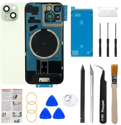 Phoupair Verre arrière de rechange OEM compatible avec iPhone 15 Plus 6,7 avec cadre photo et objectif d'appareil photo + kit d'outils de réparation professionnel et instructions d'installation (vert