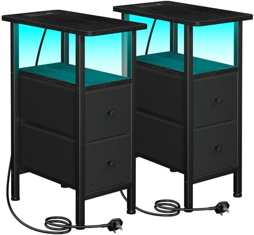 LOAKEKEL Narrow Bedside Table Set of 2, Slim Side Table for Bedroom | Bed Side Table Living Room with Charging Station, Sofa Table with 2 Fabric Drawers, Small Nightstand with LED Lights, Black
