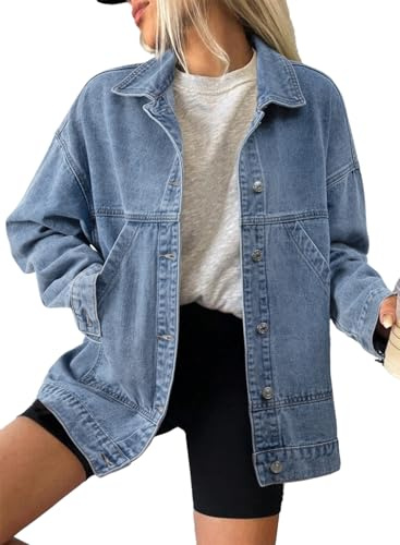 SHEWIN Denim Jacket for Women Long Sleeve Button Down jean Jacket Denim Shirt Lightweight Fall Outfits for Women 2026 Dusk Blue Medium